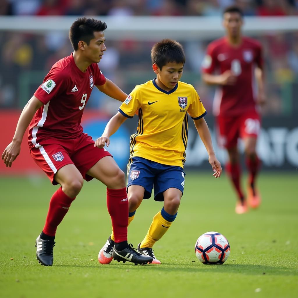 A skilled Thai football player dribbling past opponents