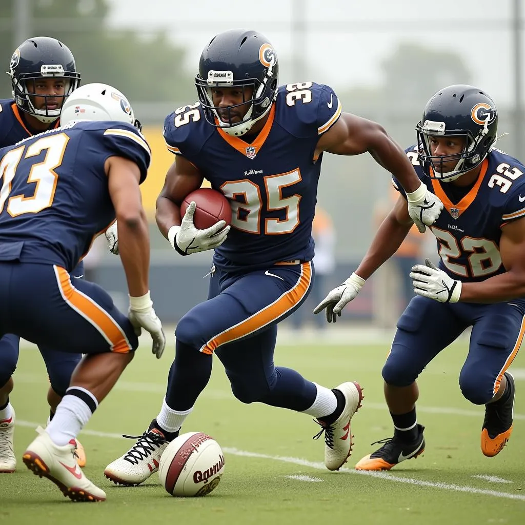 A skinny football player skillfully dribbling past opponents