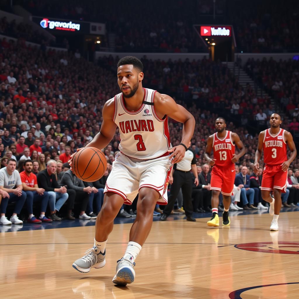 A small forward driving to the basket, guarded by an opponent.