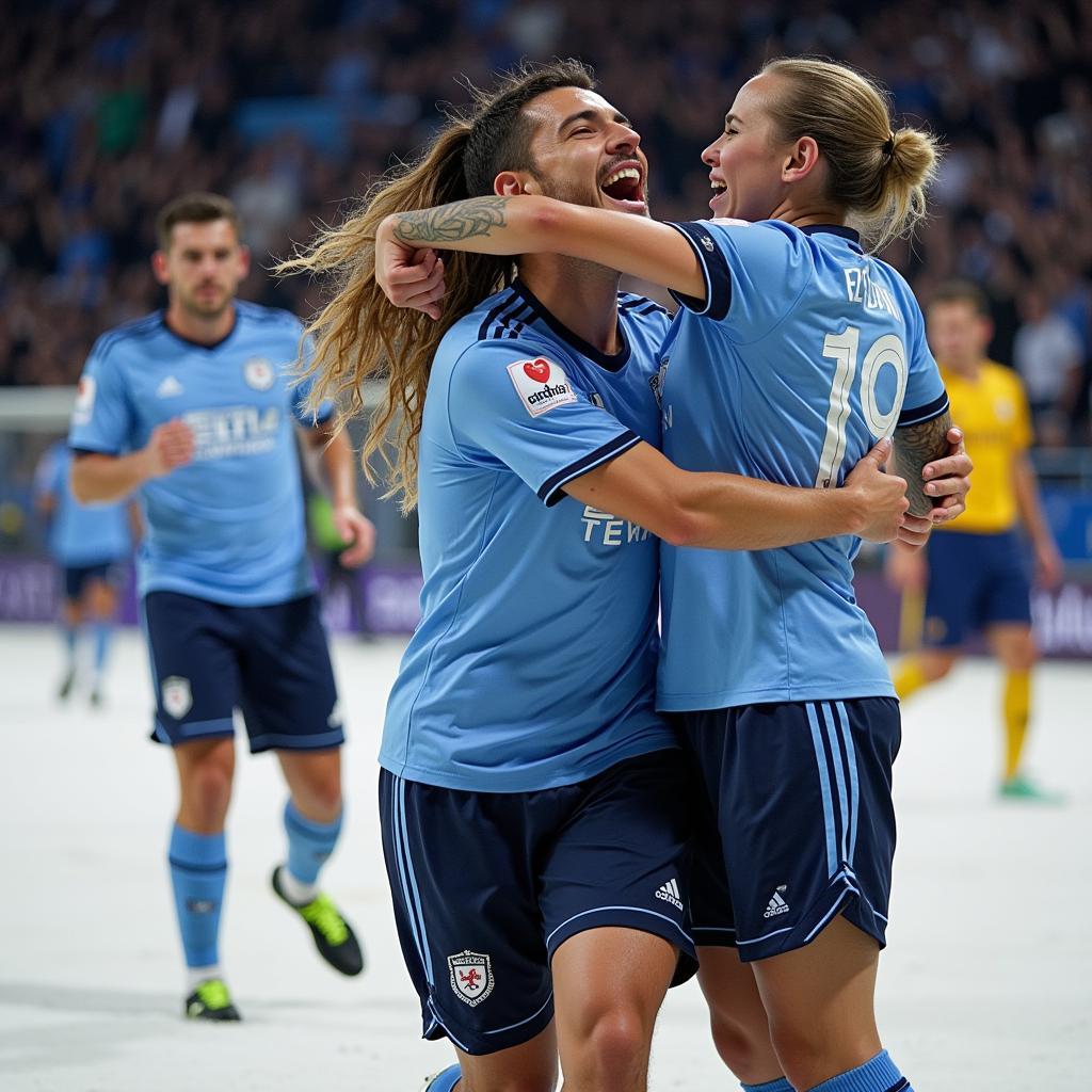 Snowstorm Striker celebrating a goal with teammates