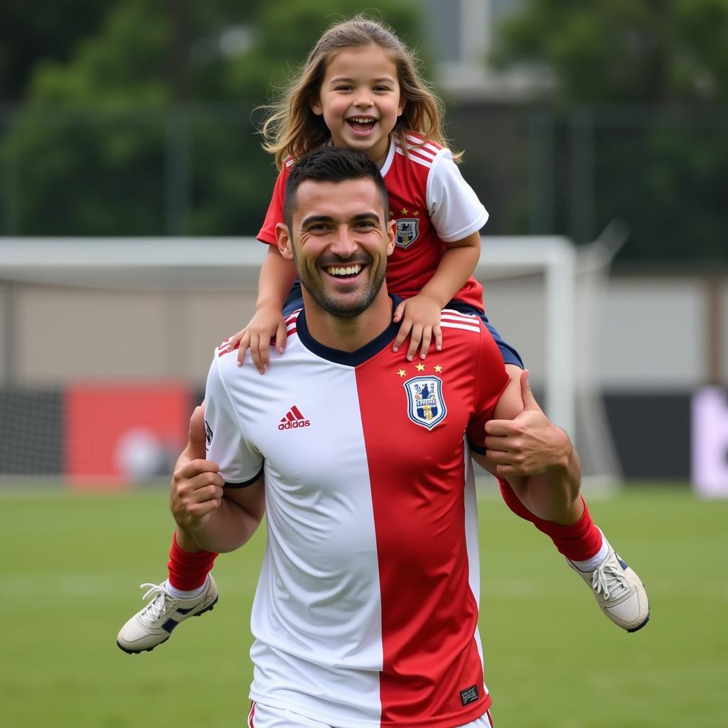 Soccer player dad lifting his daughter onto his shoulders in celebration