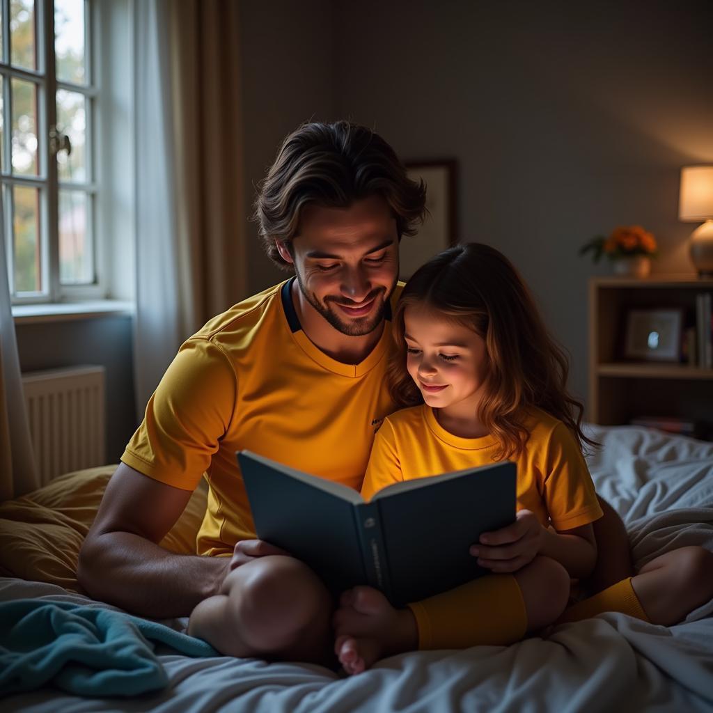 Soccer player dad reading a bedtime story to his daughter