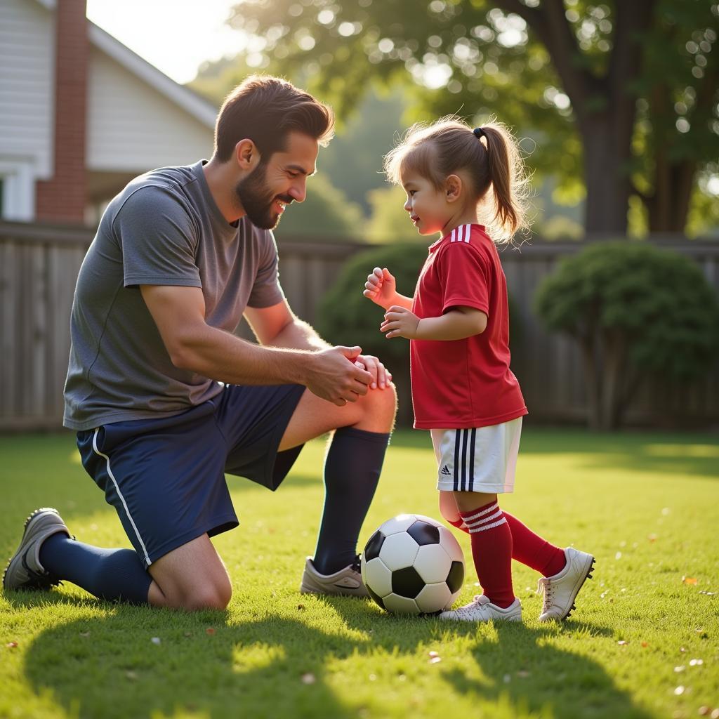 Soccer player dad playfully teaching his daughter how to dribble a soccer ball