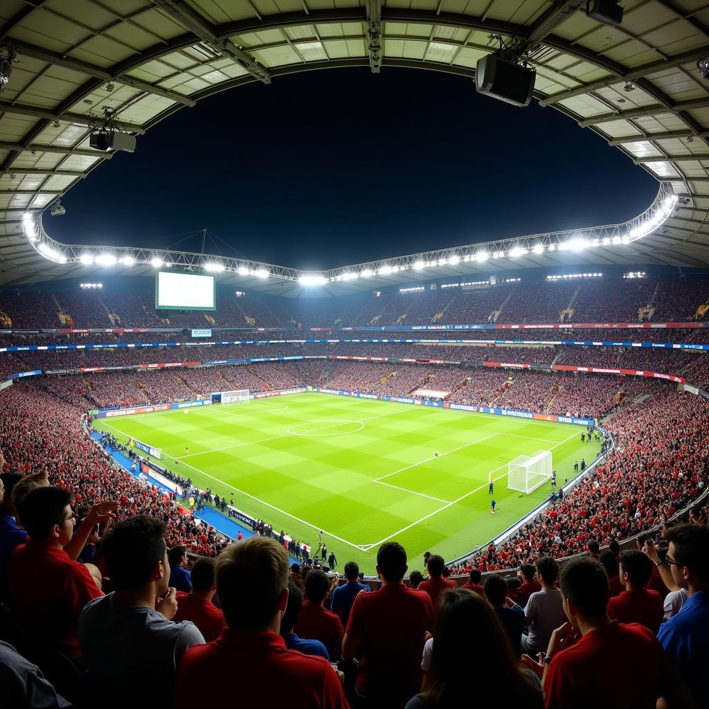 Soccer fans cheering enthusiastically in a packed stadium in 2016