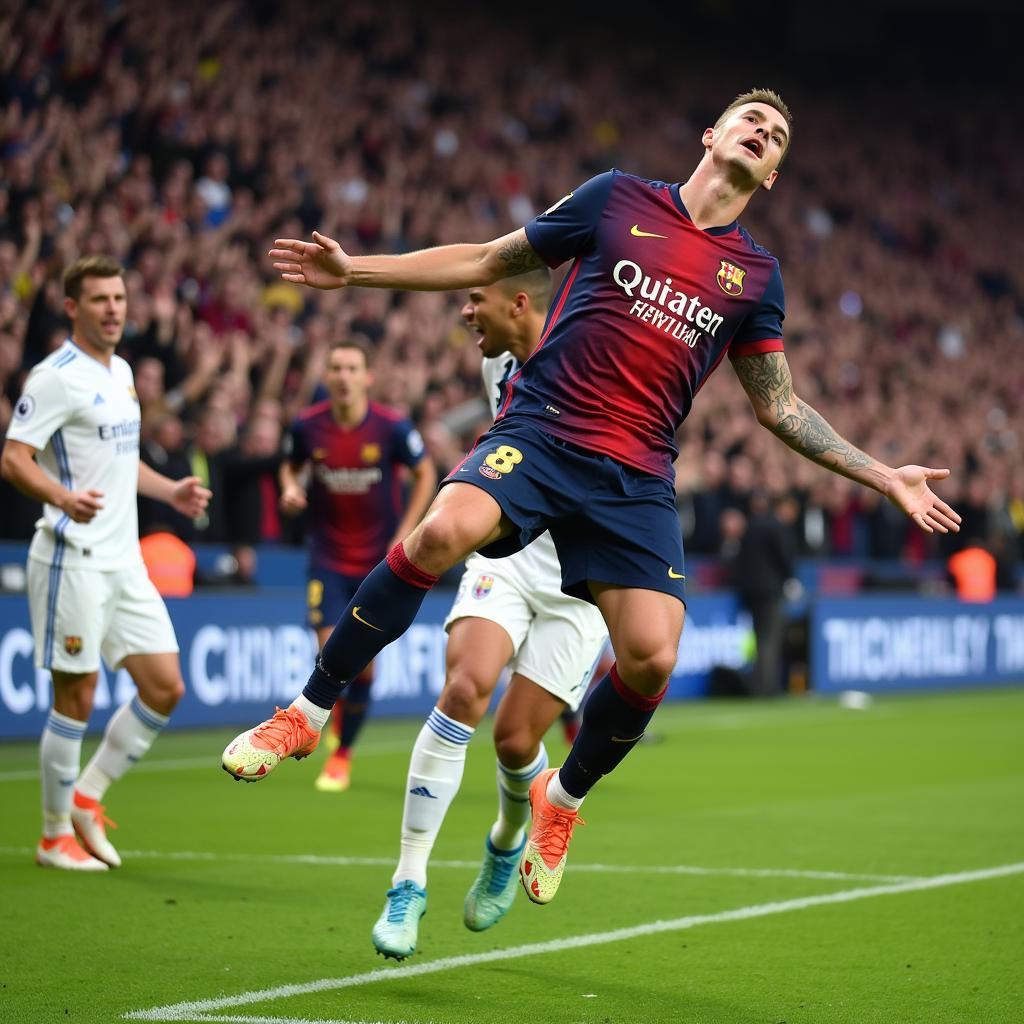 Soccer player celebrating a goal with a backflip.