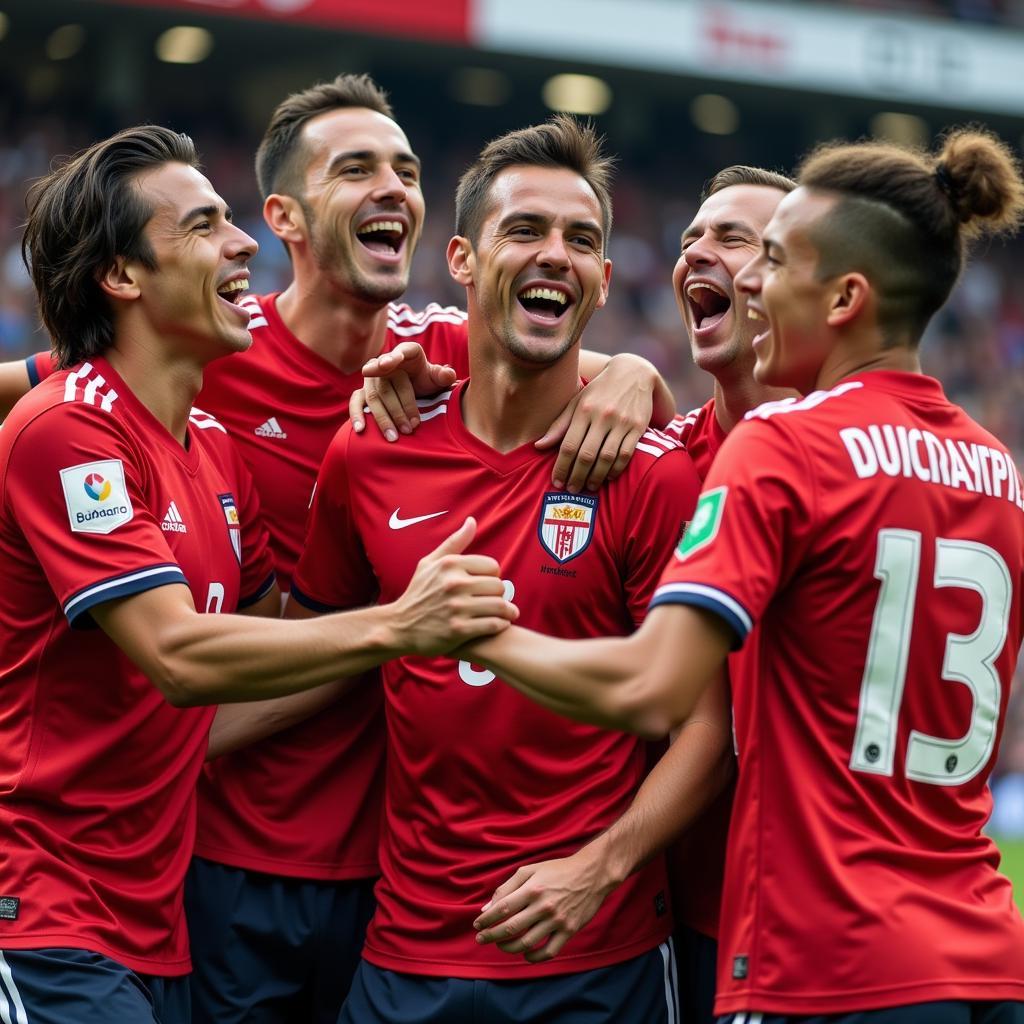 Soccer player celebrating a goal with his teammates