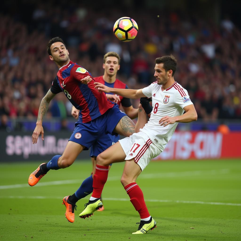 Soccer player performing a rainbow flick over an opponent.