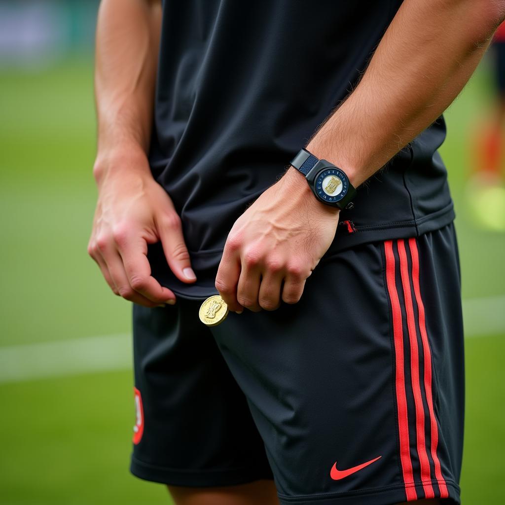 Soccer player touching a lucky charm inside his shorts