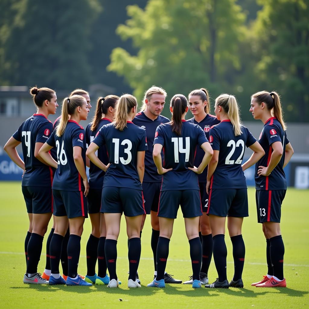 Soccer players huddling during a game, whispering tactics