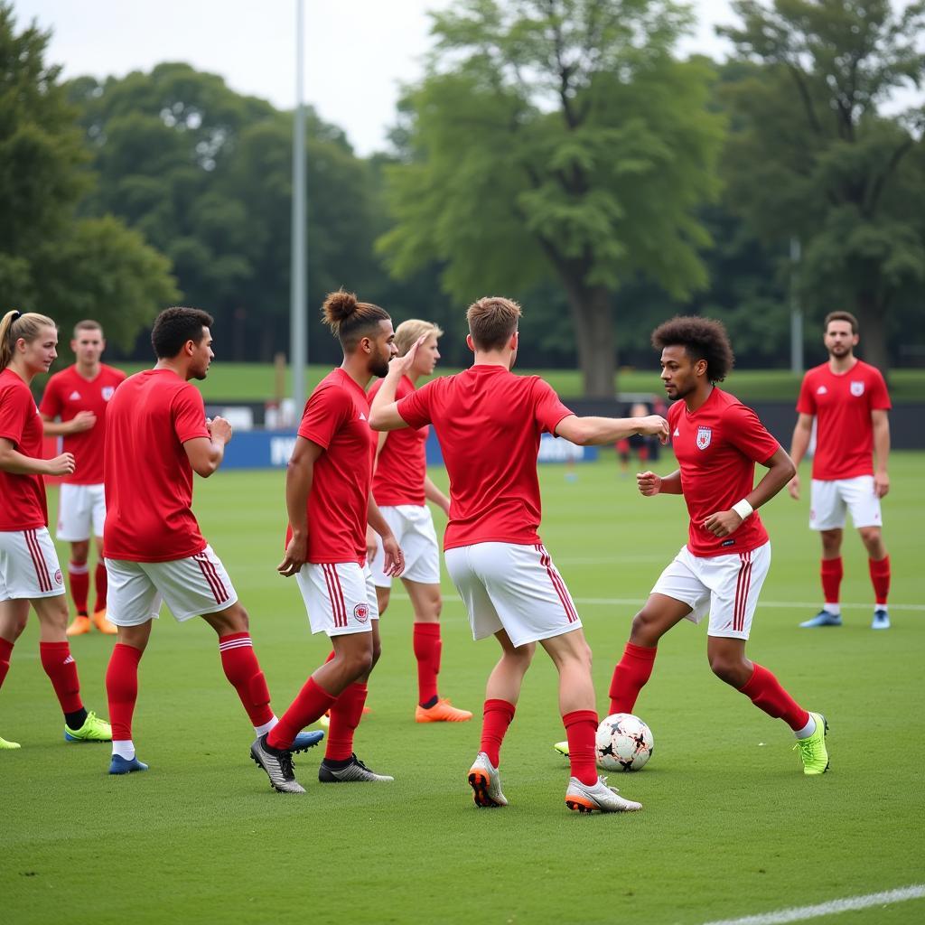 Soccer players practicing passing drills