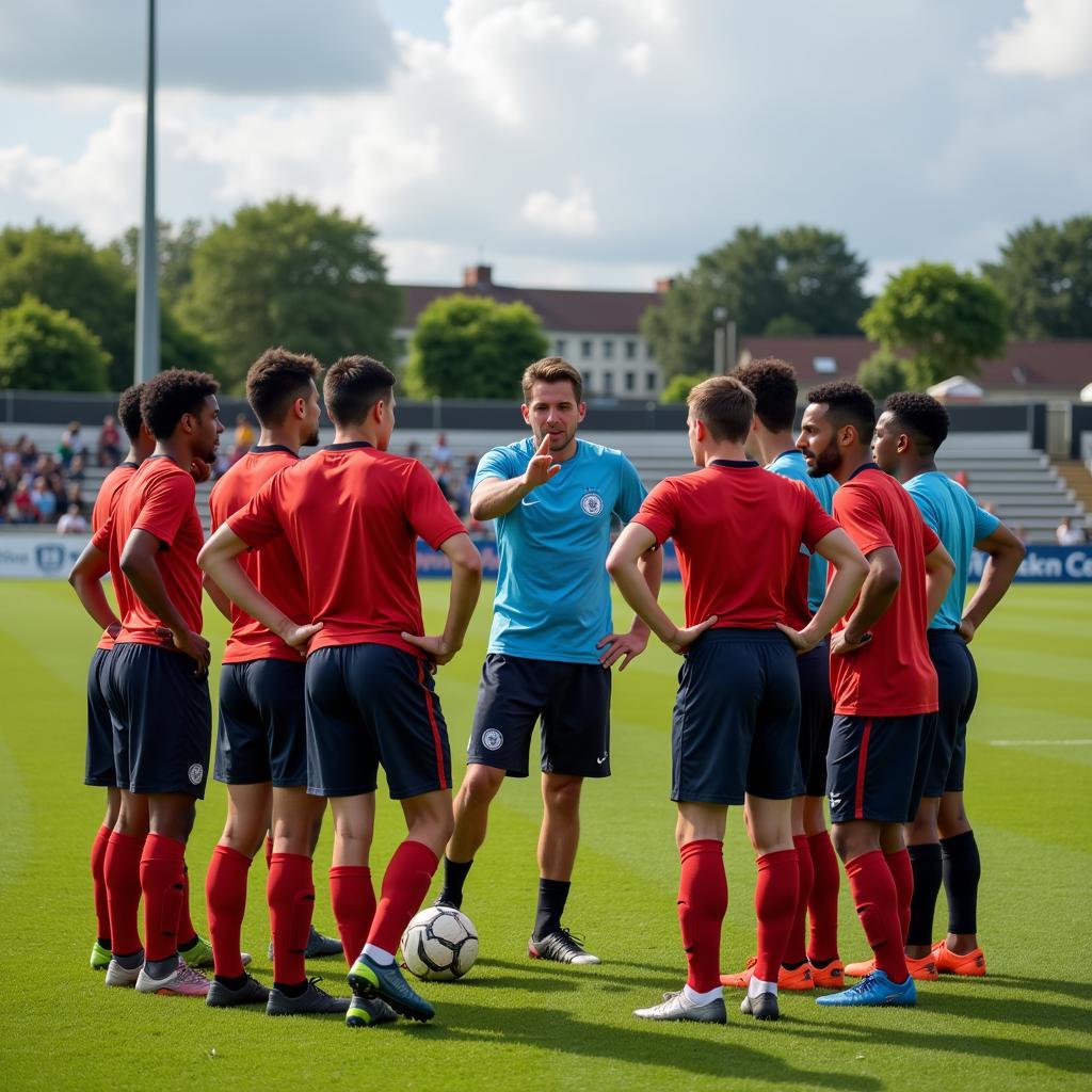 Soccer team huddle for tactical discussion