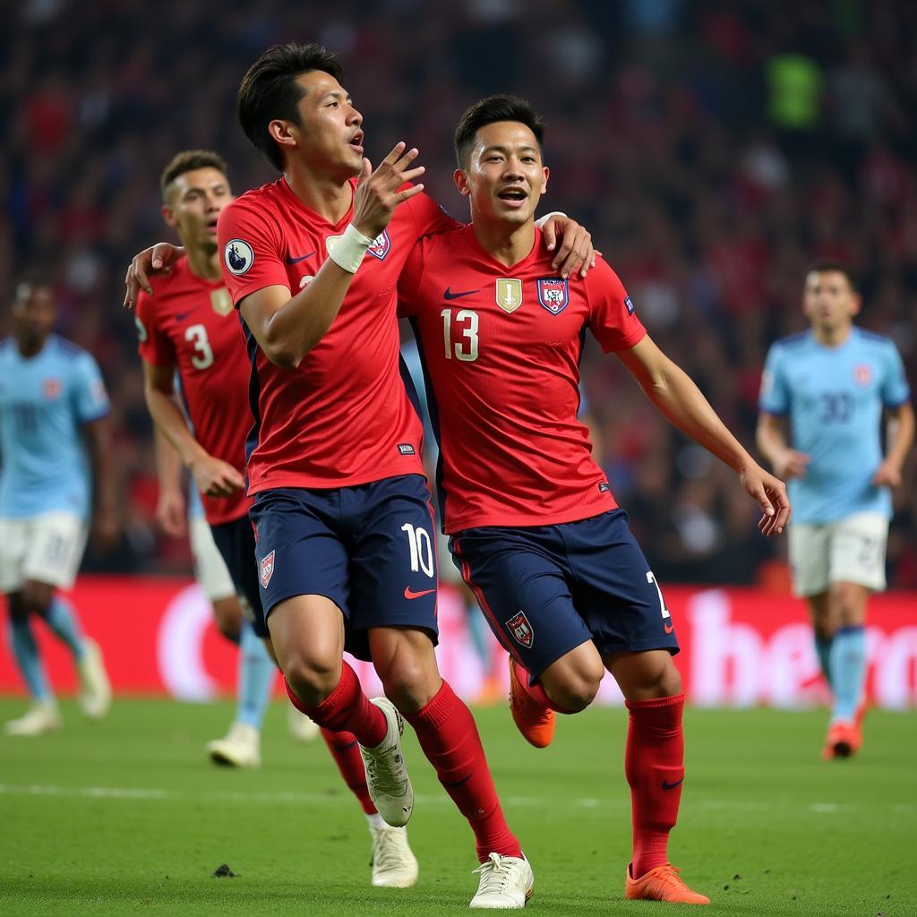 Son Heung-min celebrates a goal with teammates