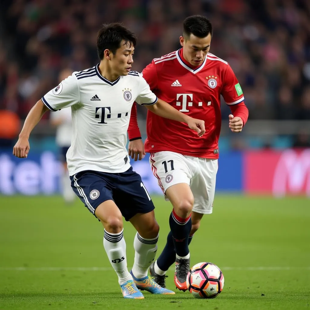 Son Heung-min dribbling past defenders.