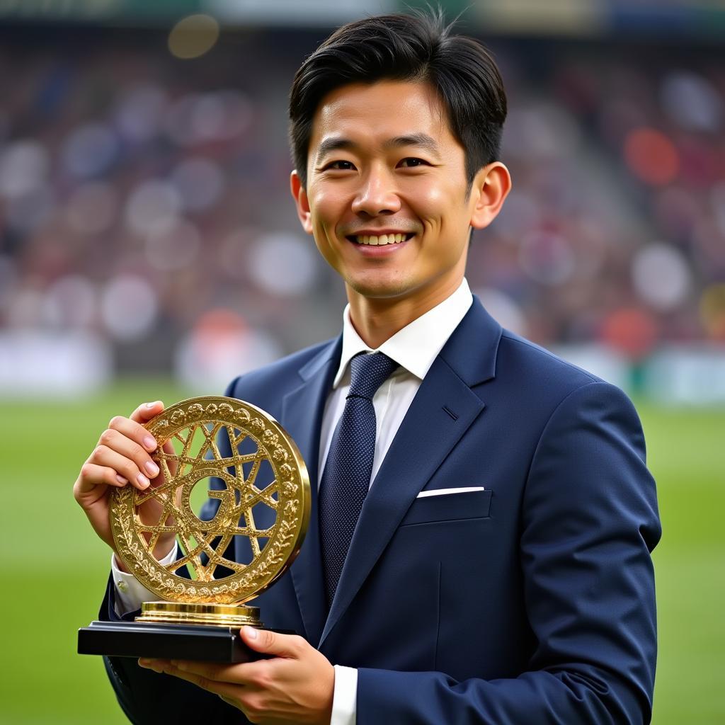 Son Heung-min receiving the Asian Footballer of the Year award 