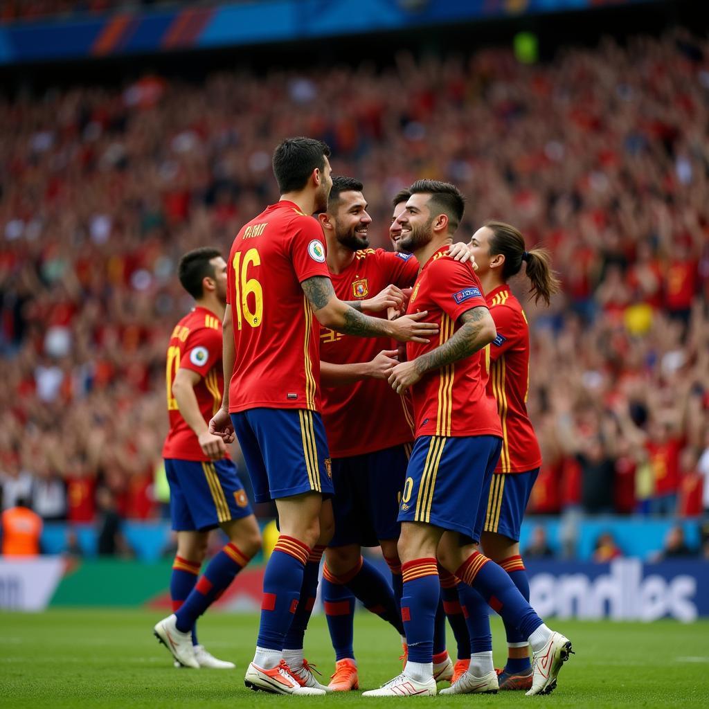 Spain national team players celebrating a goal with their fans