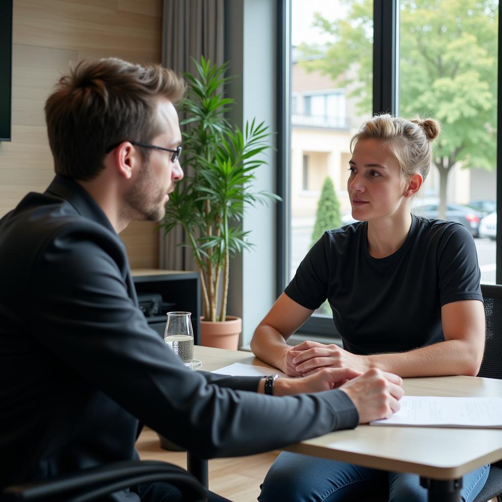 A sports psychologist engages in a one-on-one session with an athlete, using visual aids and active listening.