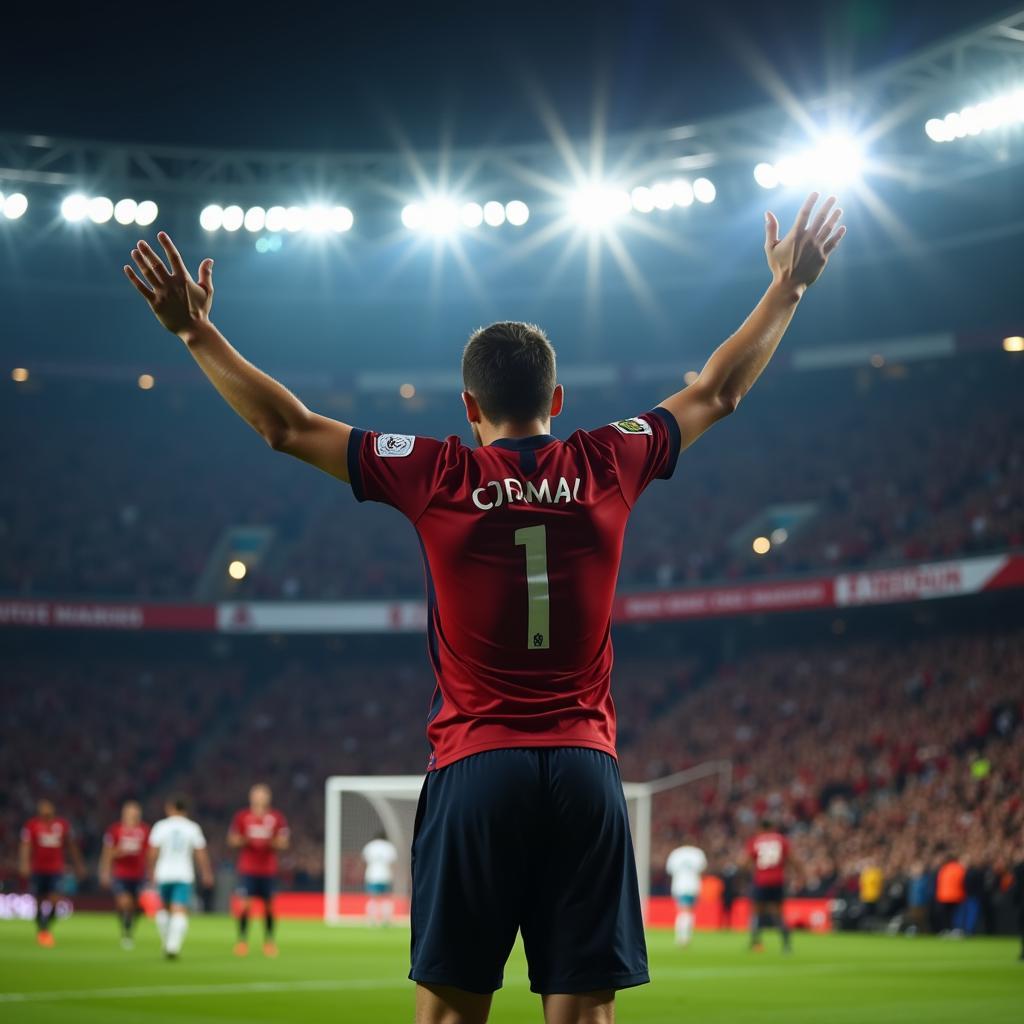 Celebrating a goal under the bright stadium lights