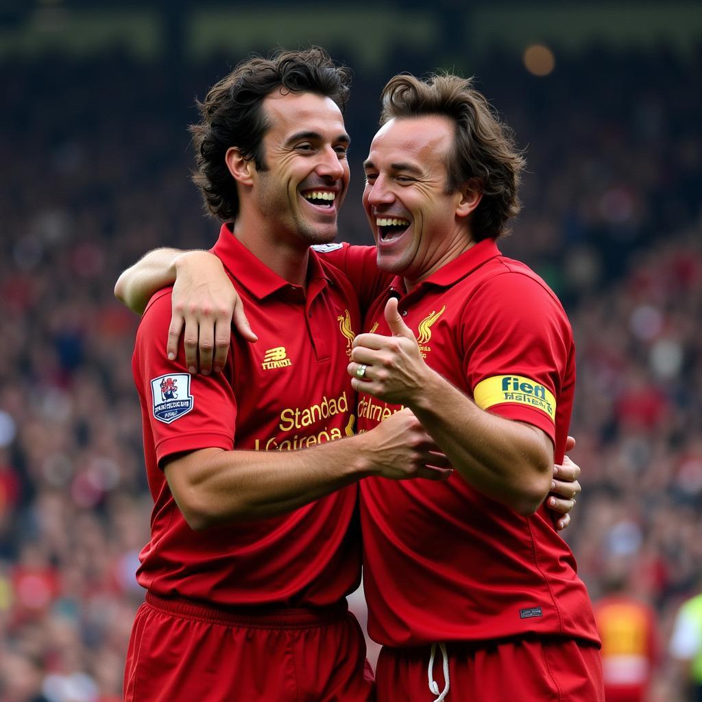 Steve McManaman celebrating a goal with Robbie Fowler