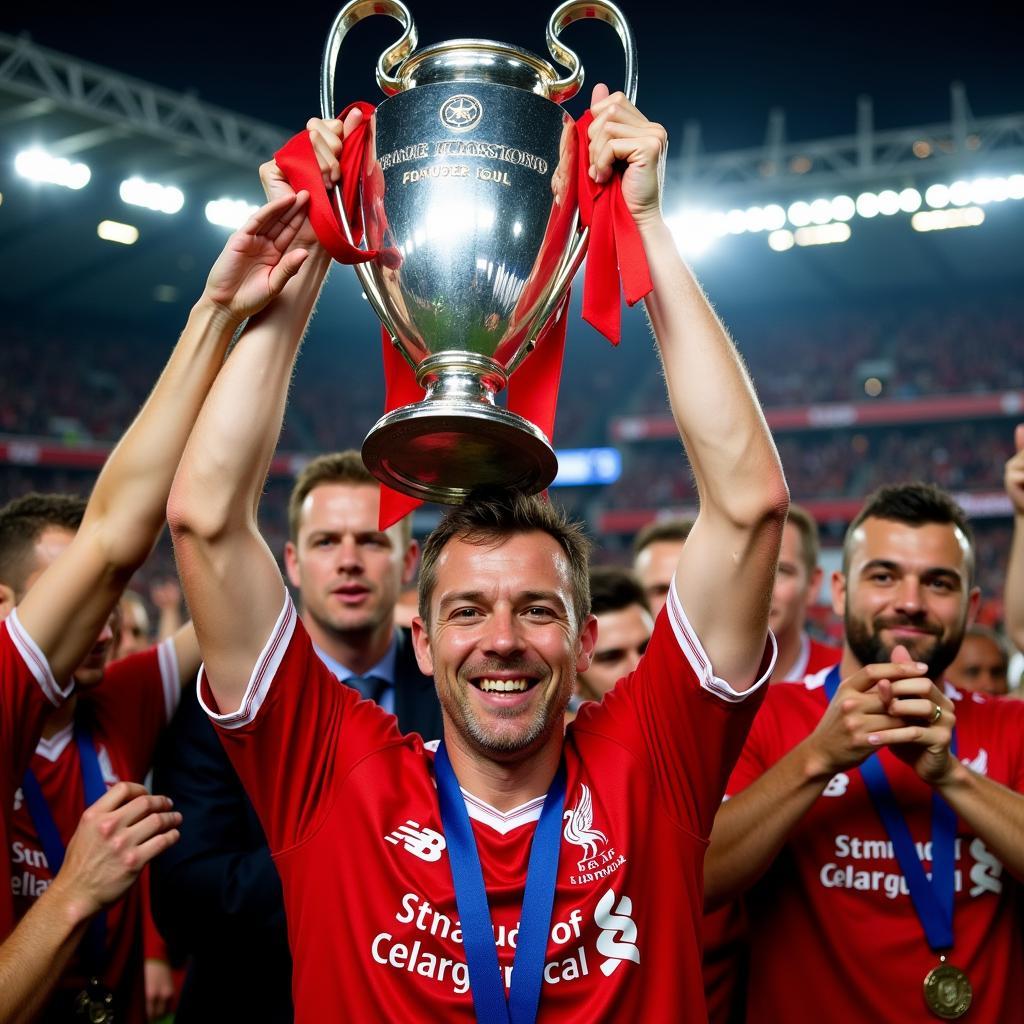 Steven Gerrard lifting the Champions League Trophy