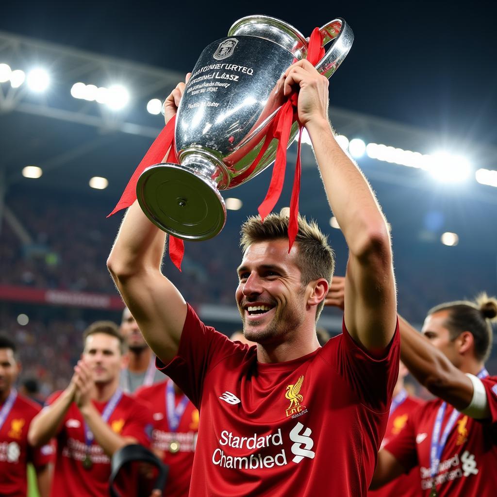 Steven Gerrard lifting the Champions League trophy in Istanbul