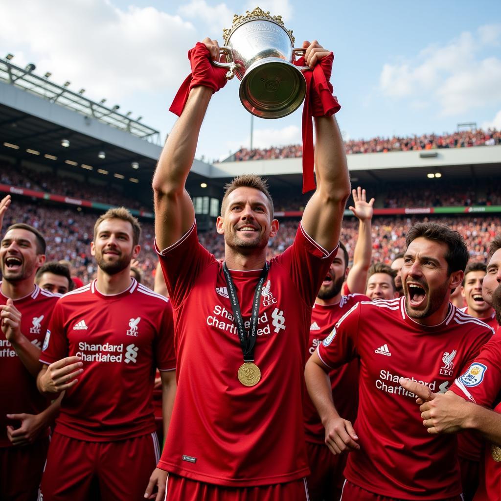 Steven Gerrard lifting a trophy as Liverpool captain.