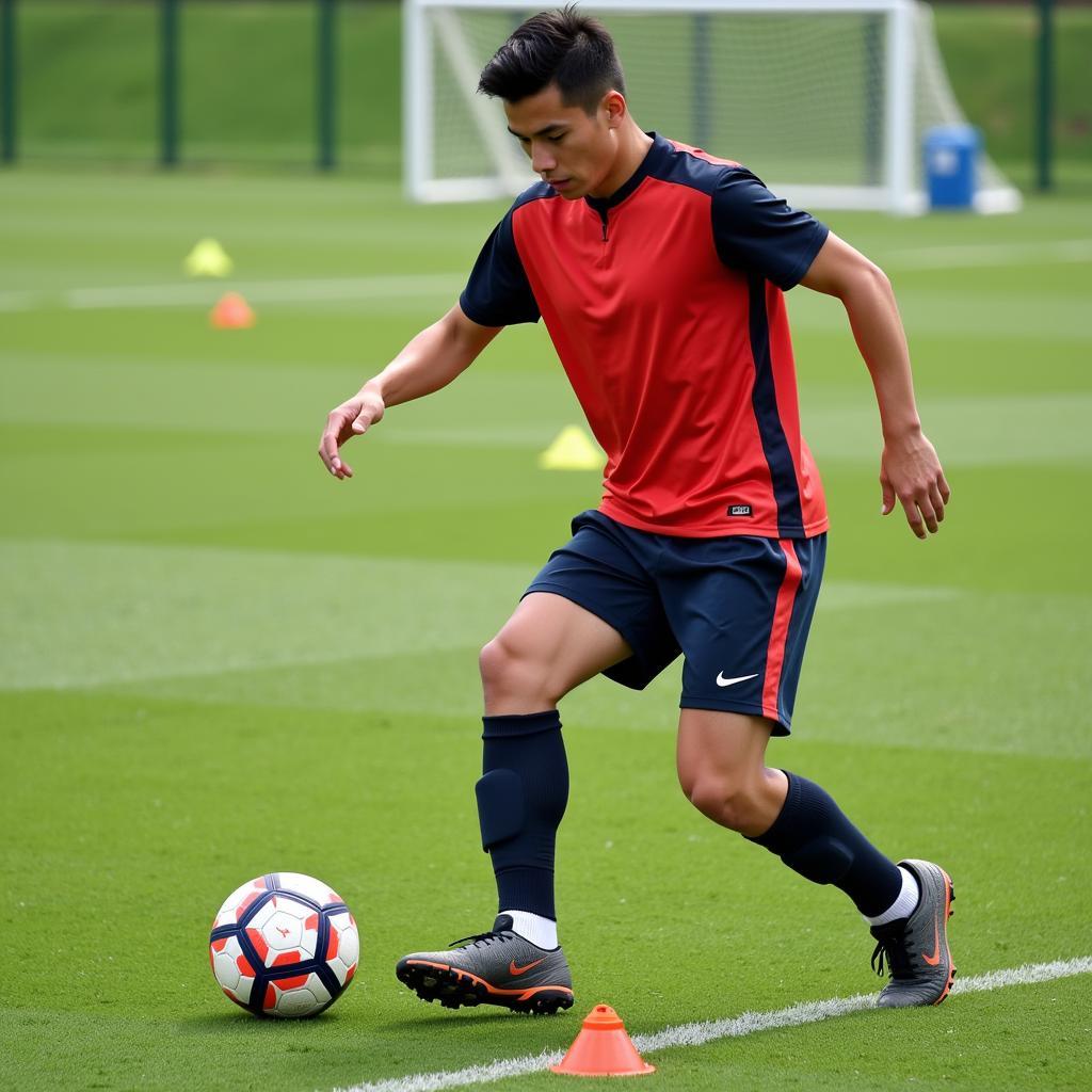 A striker practicing dribbling drills