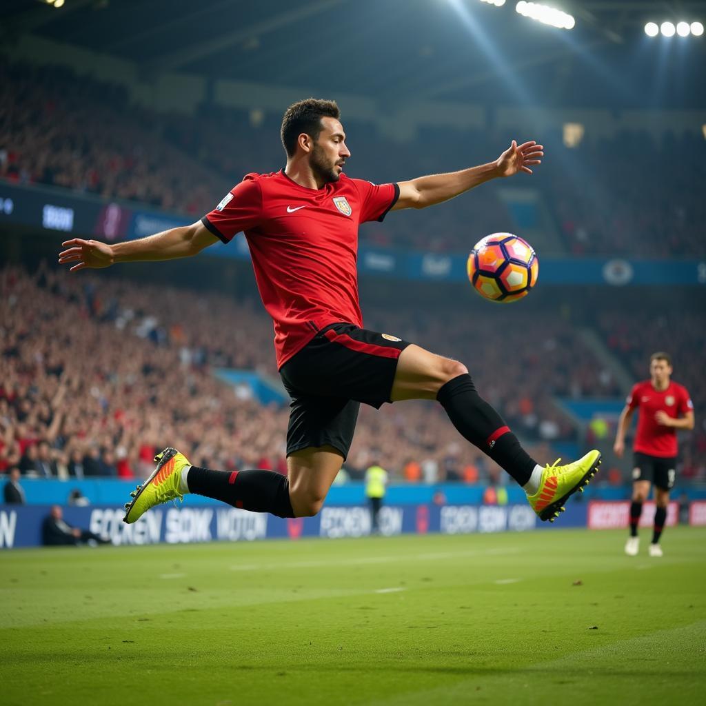 Striker volleying the ball mid-air