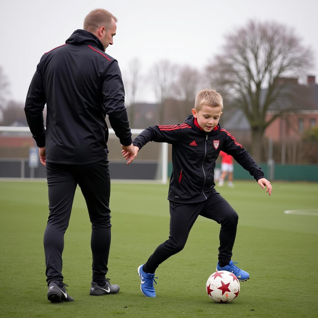 A young footballer trains with his father, a former professional player.