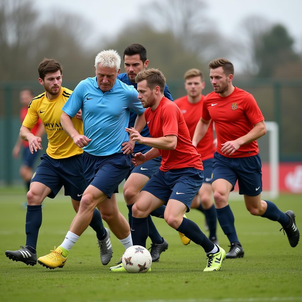 Players of all ages competing in a Sunday league football match