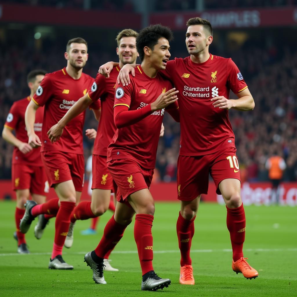 Takumi Minamino celebrating a goal for Liverpool.