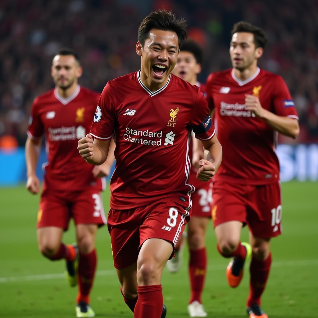 Takumi Minamino celebrating a goal for Liverpool