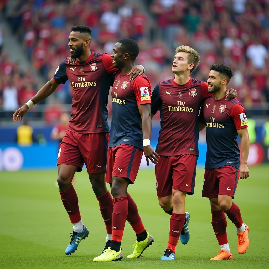 A tall football player celebrating a goal