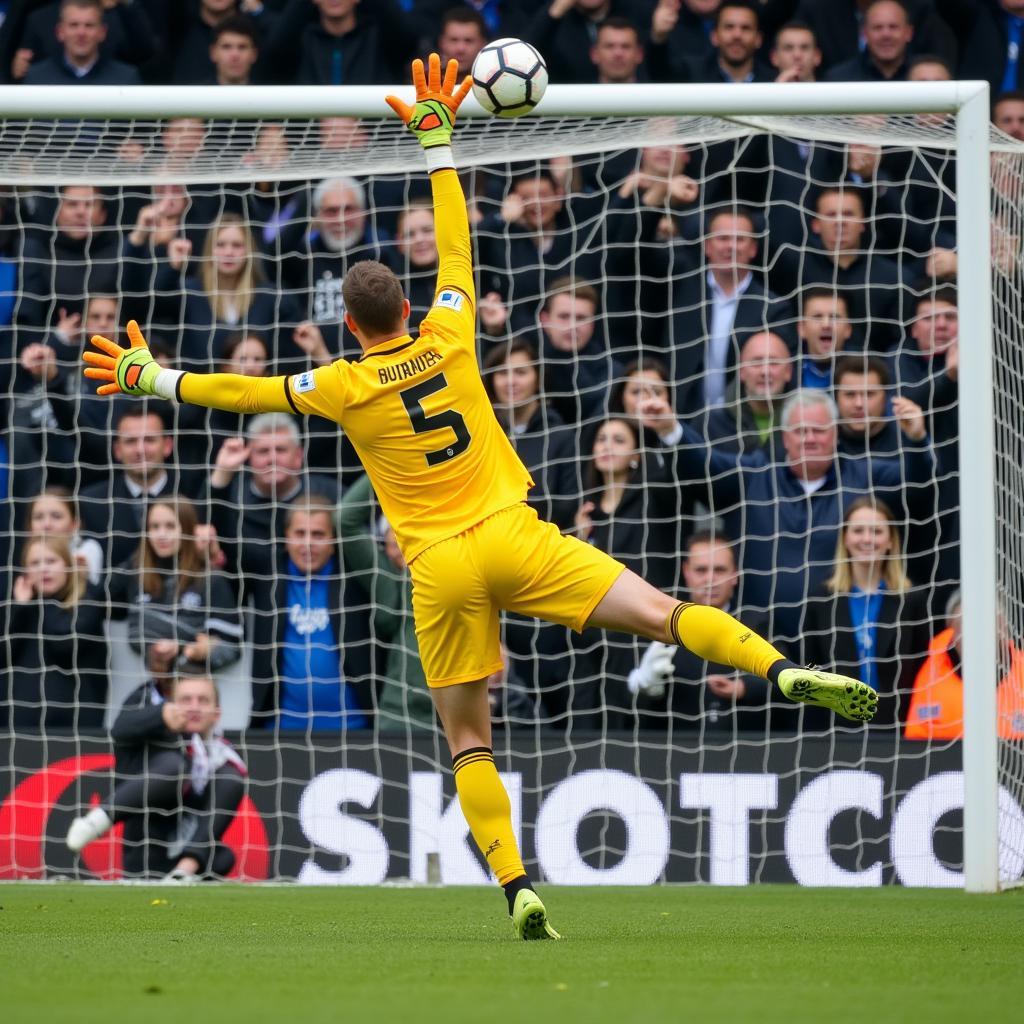 A tall goalkeeper making a save