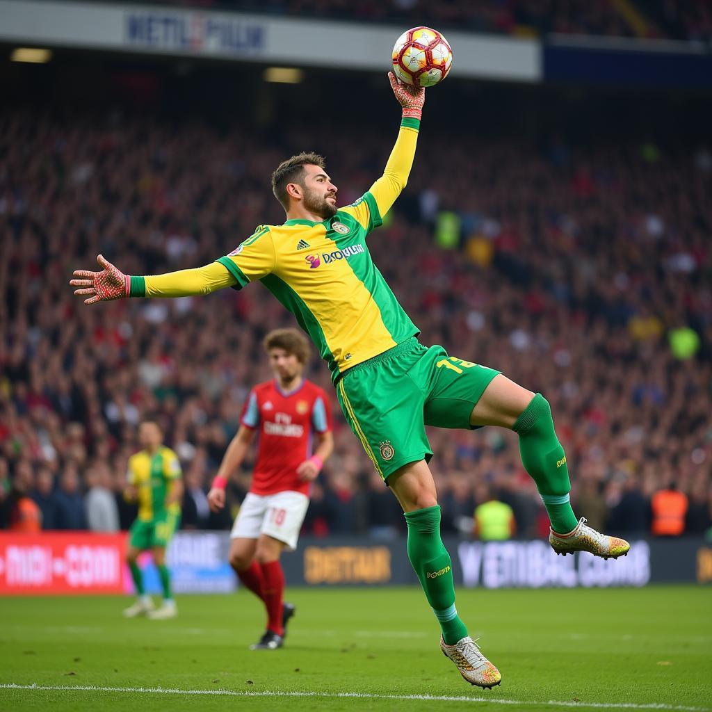 A tall PVF goalkeeper confidently punches the ball clear