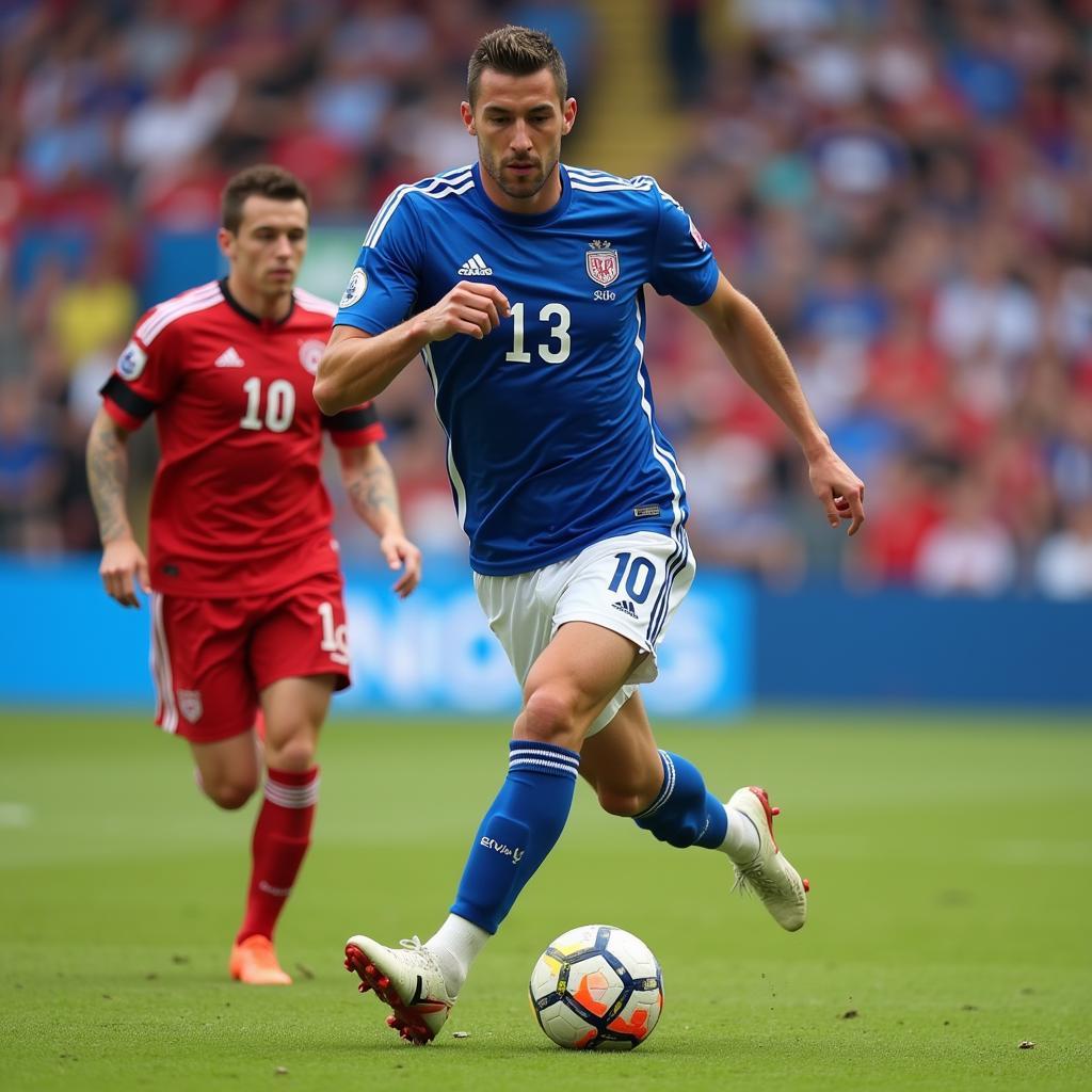 Tall soccer player dribbling past an opponent