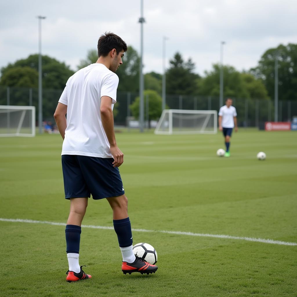 Tall soccer player executing a long pass