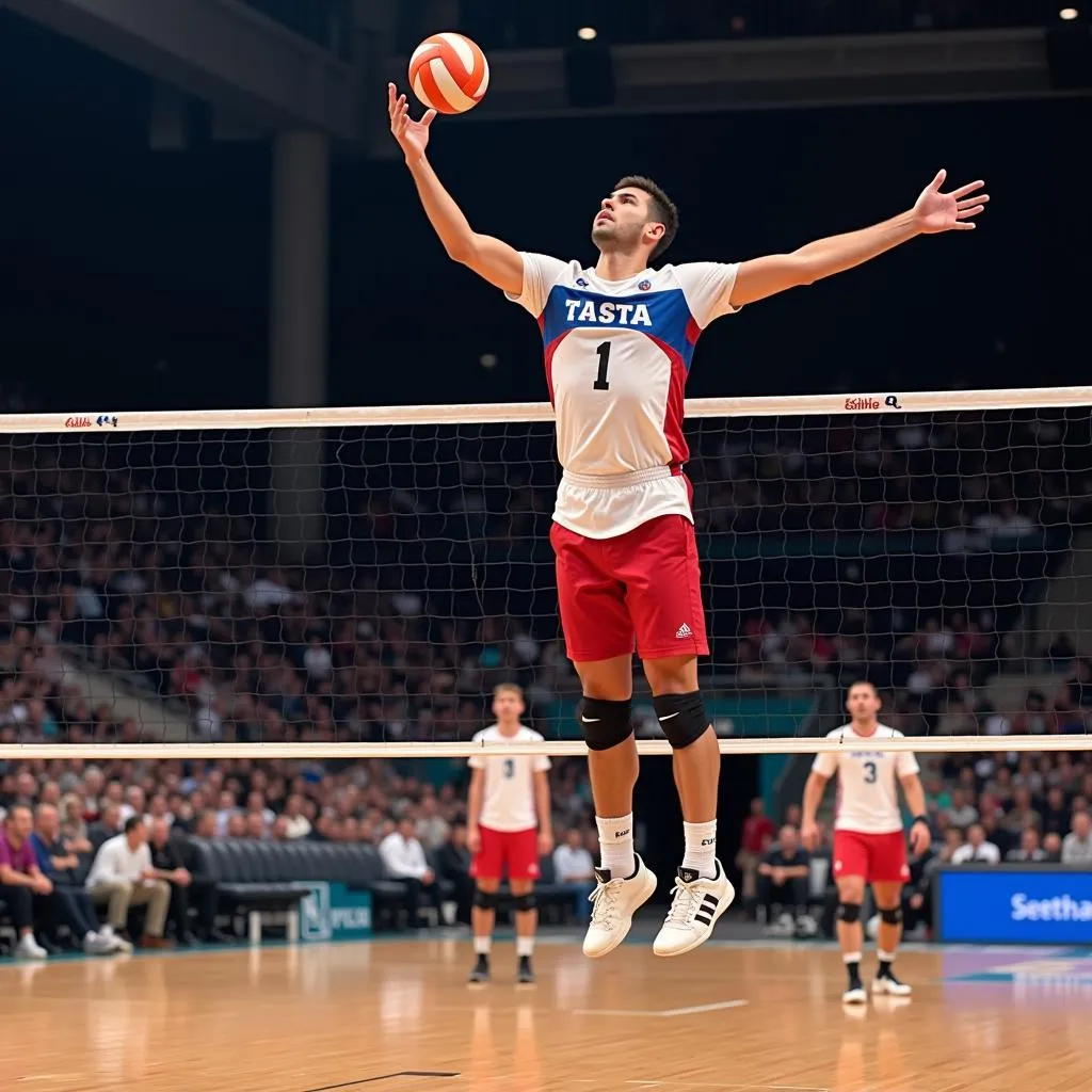 A volleyball player elevates above the net, preparing for a powerful spike.