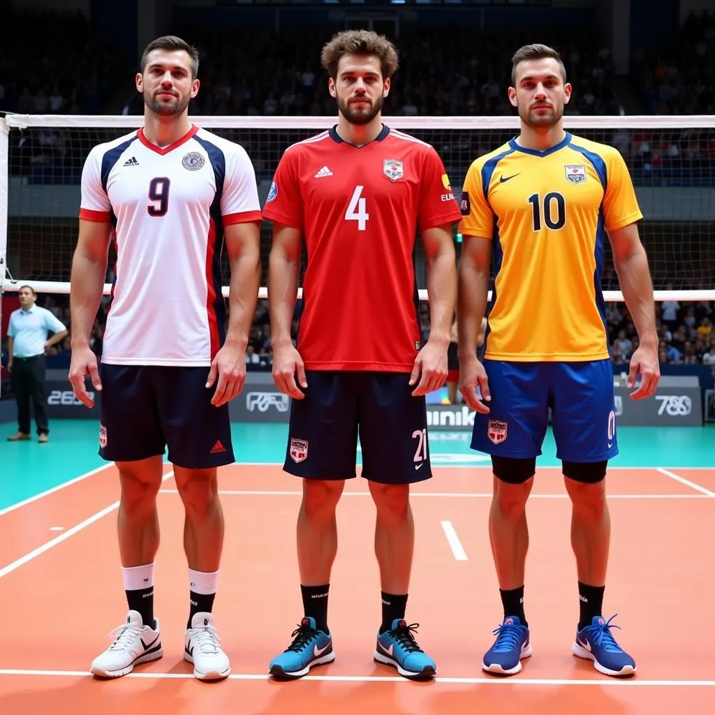 Three extremely tall volleyball players stand together on the court.