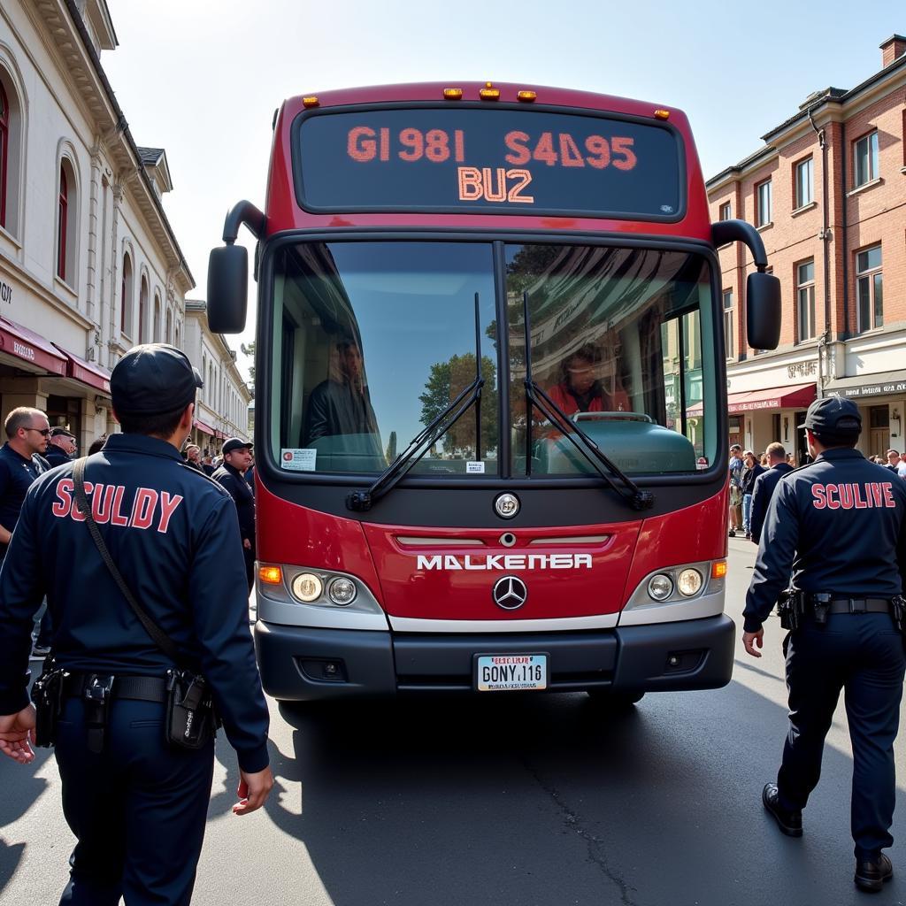 Security detail surrounding a team bus