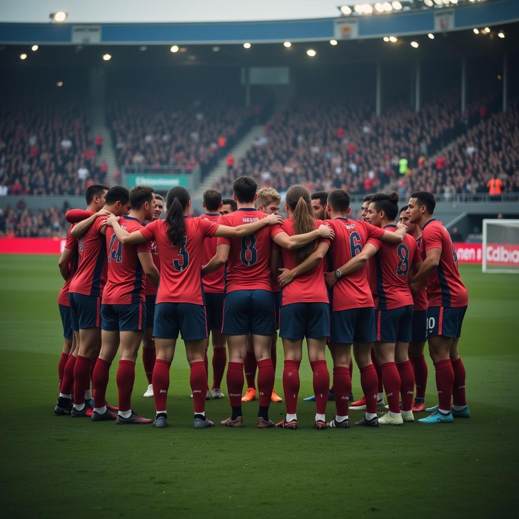 Football team huddling during a game, all wearing long sleeve shirts