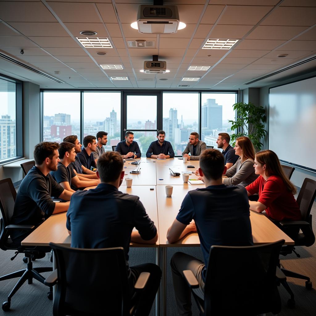 Players and coaches engaged in a lively discussion during a team meeting