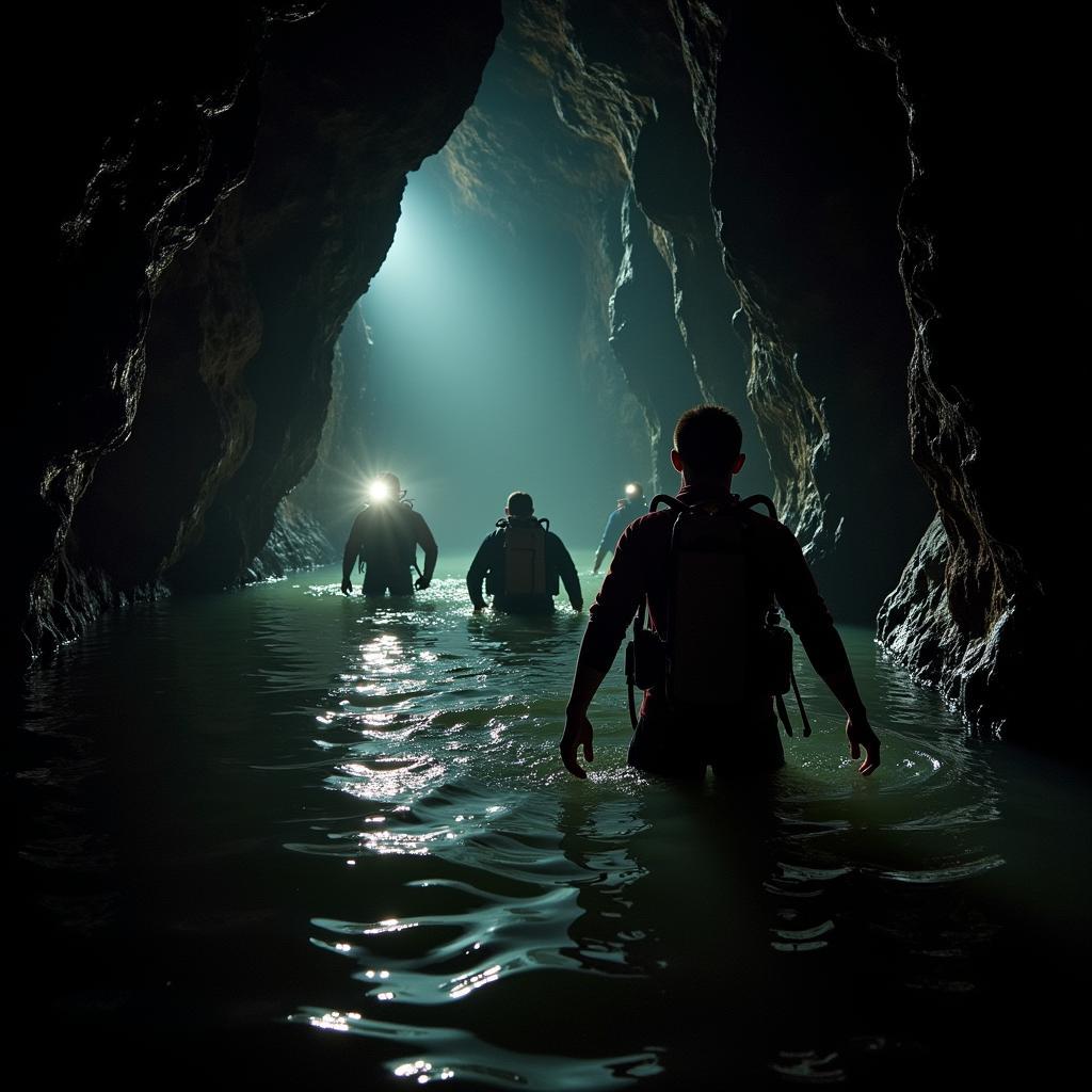 Divers navigating the flooded Tham Luang cave during the rescue mission