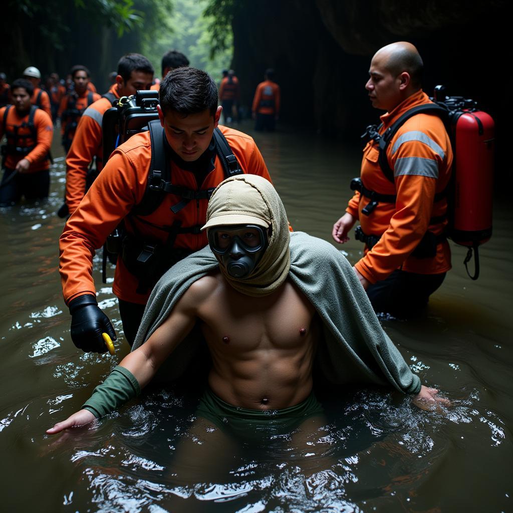 Rescuers carrying a sedated boy through the flooded Tham Luang cave.