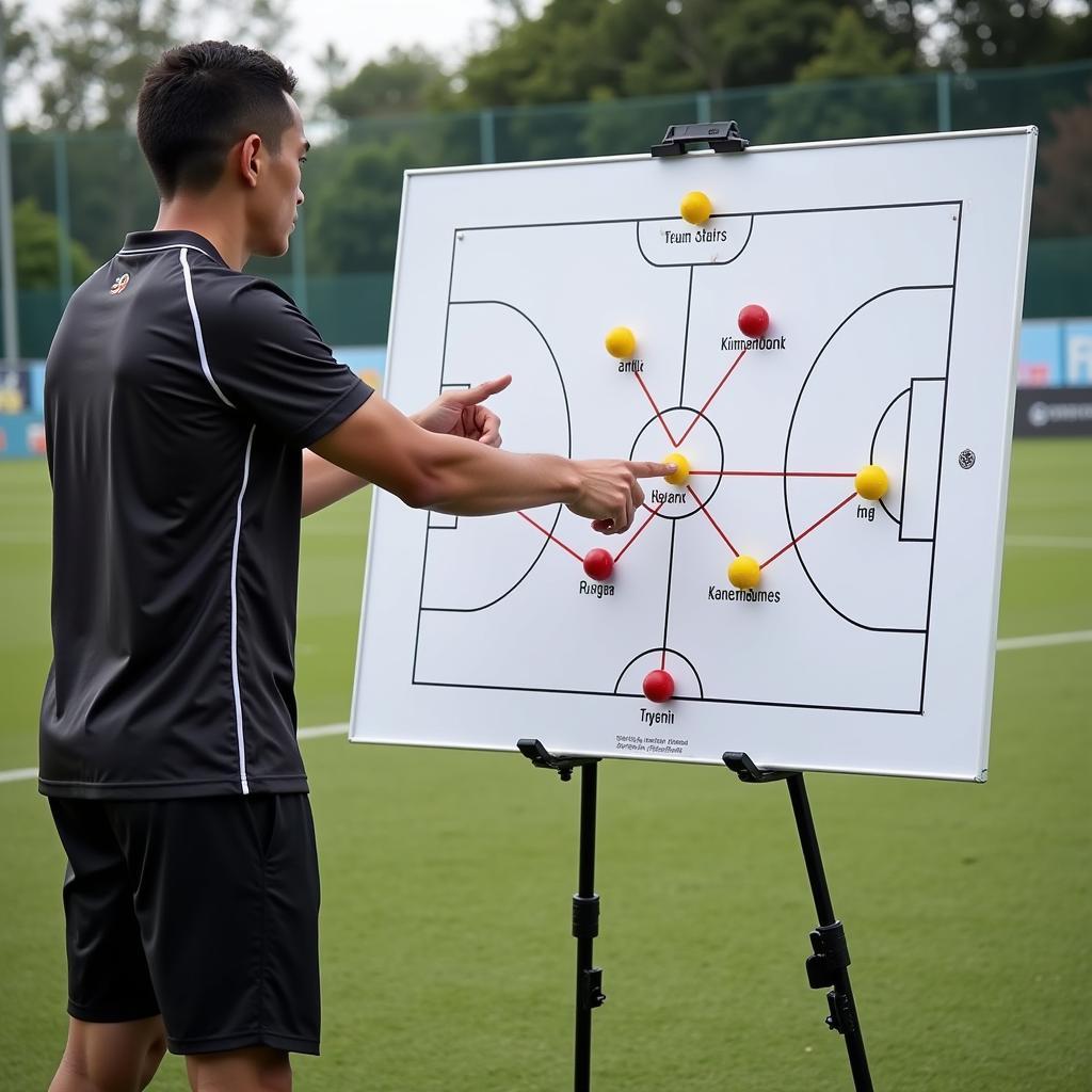 A Thai football coach providing guidance to his team during a training session