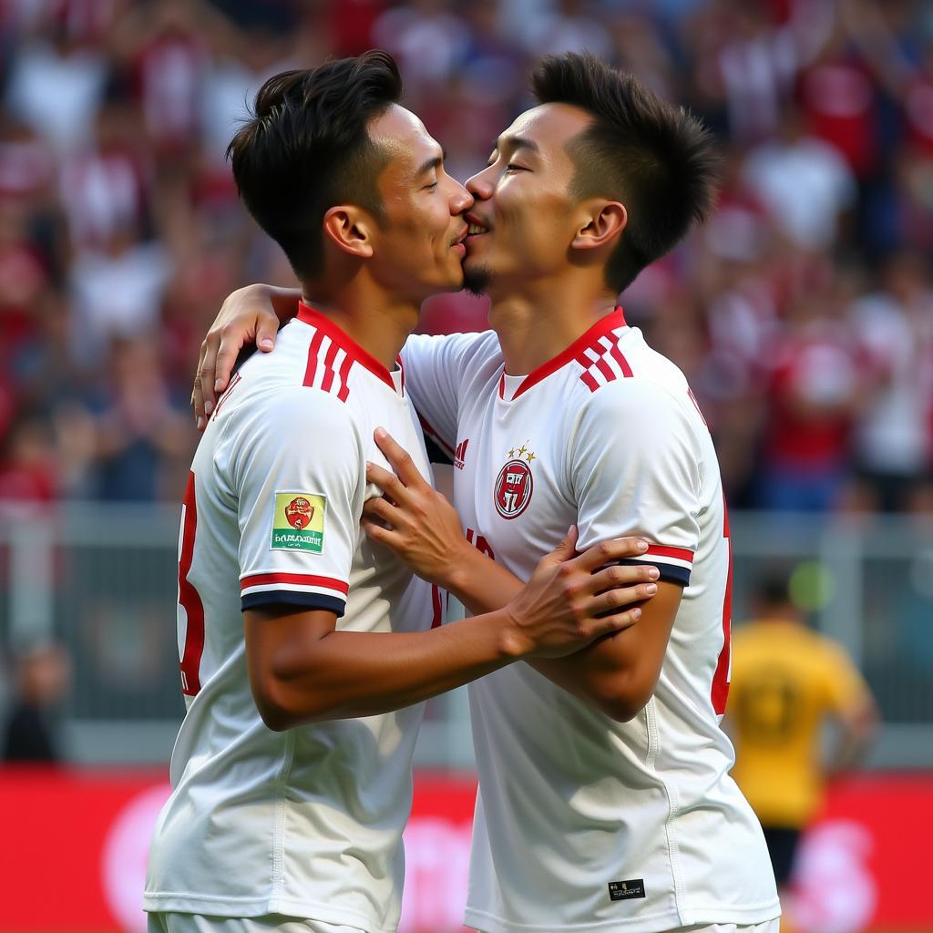 Thai gay football couple celebrating a victory