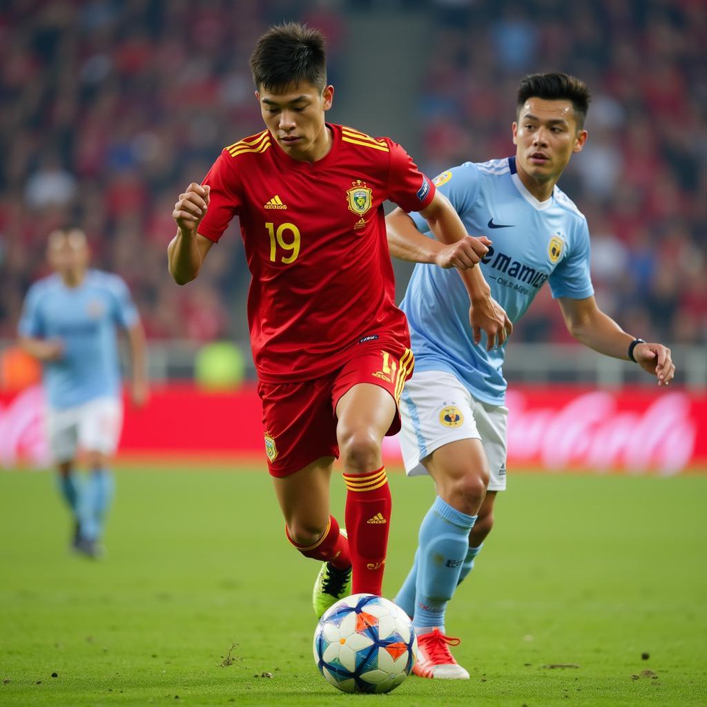 Thao Anh dribbling the ball in a Hanoi football match