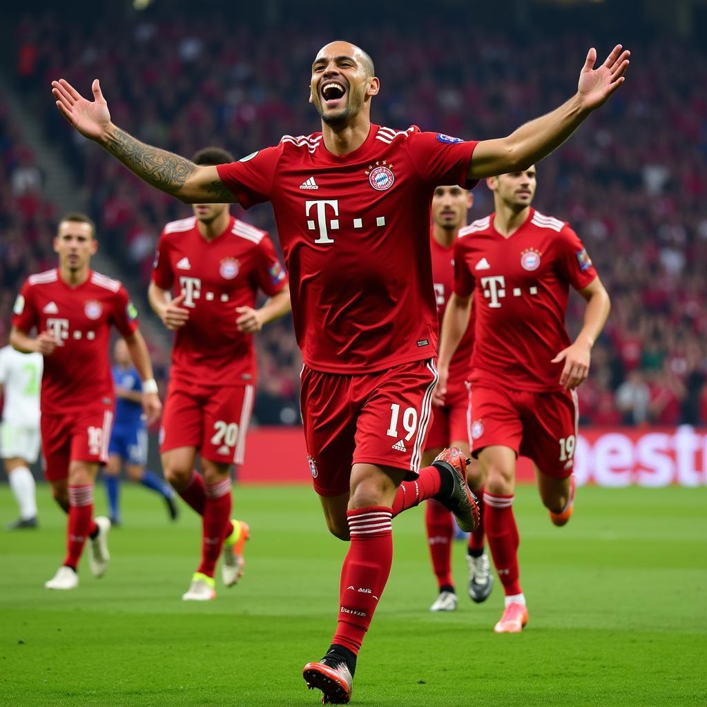 Thiago Alcantara celebrating a goal with his Bayern Munich teammates