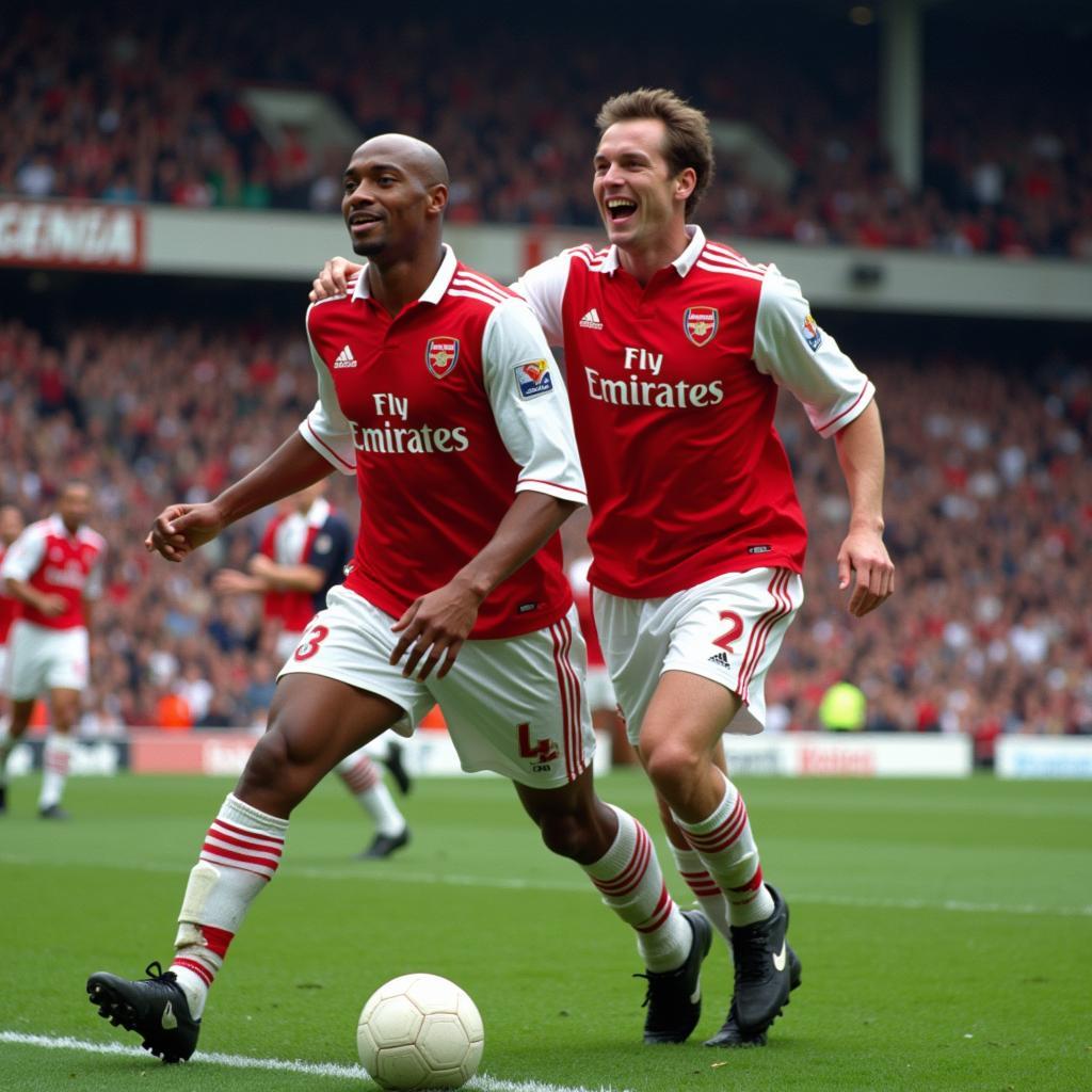 Thierry Henry and Dennis Bergkamp celebrating a goal for Arsenal