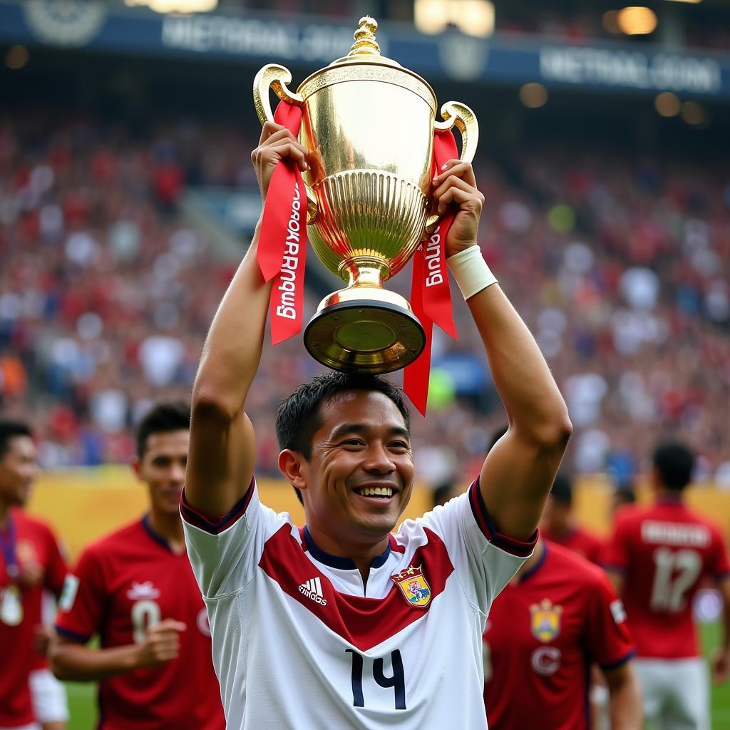 Thonglao proudly lifts the AFF Championship trophy