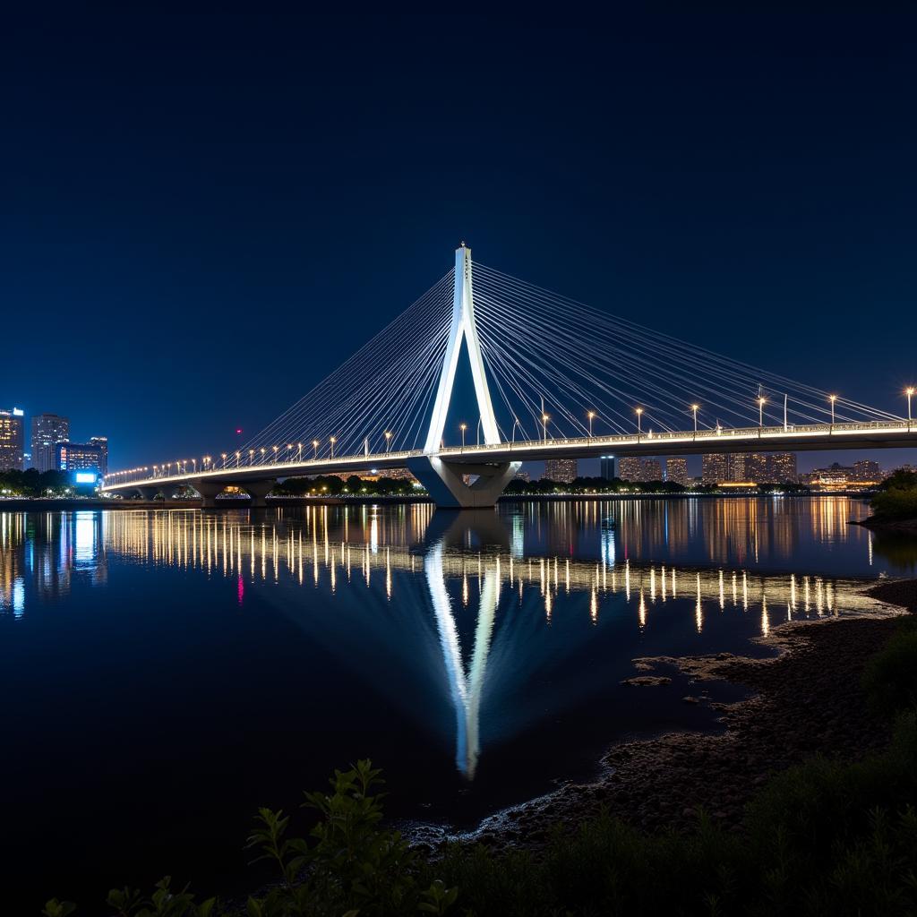 Thu Thiem Pedestrian Bridge illuminated at night